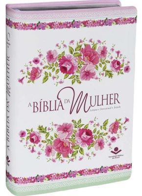 A Bíblia Da Mulher RA Media Branca Flores Borda Prateada   